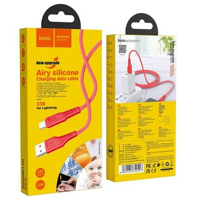 Дата-кабель USB Hoco X58 Airy silicone charging data cable for Lightning (1м) (2.4A) Красный - фото 13053